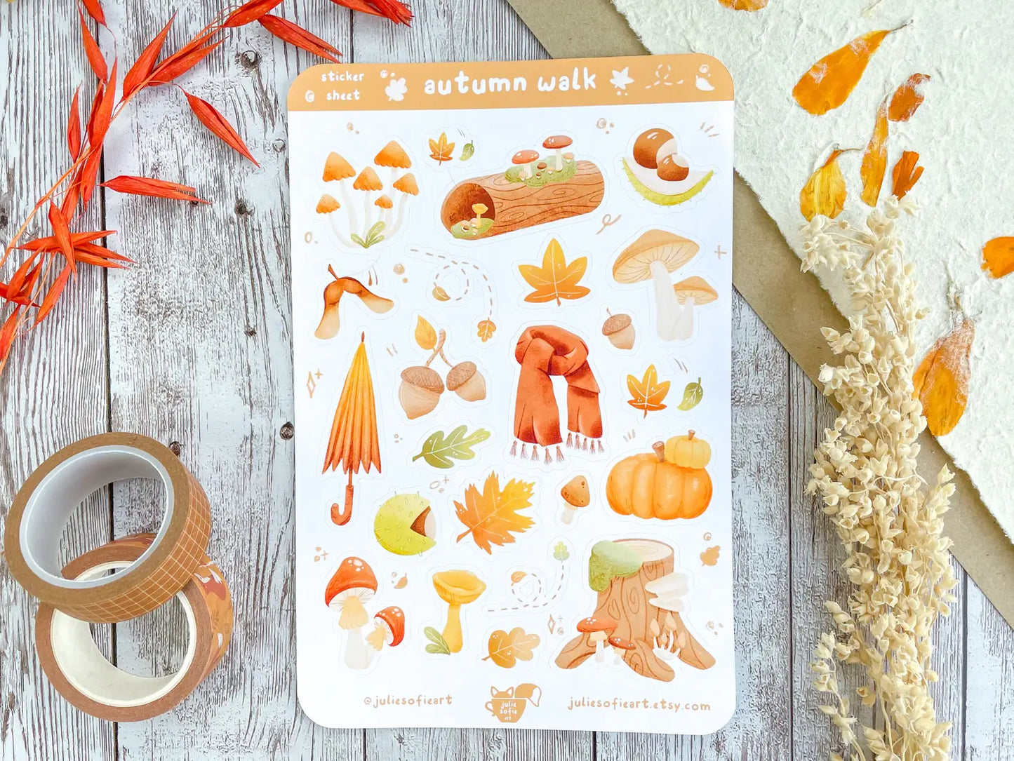Forest autumn walk illustrated sticker sheet