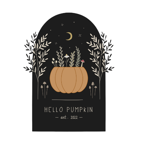 Hello Pumpkin logo: illustrated magical pumpkin with toadstools, daisies and plants beneath a starry night sky