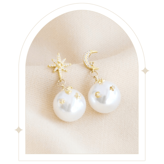Starry Night Mismatch Crystal Star and Moon Pearl Earrings - Hello Pumpkin