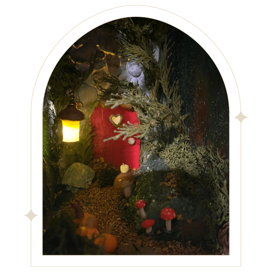 Autumnal forest path book nook with fairy door and lantern - Hello Pumpkin