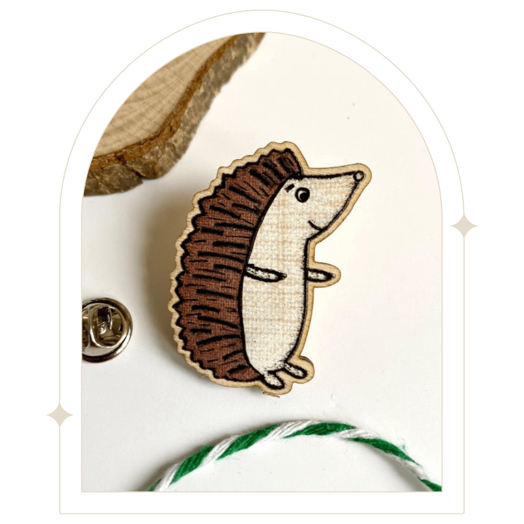 Hedgehog Wooden Pin Badge - Hello Pumpkin