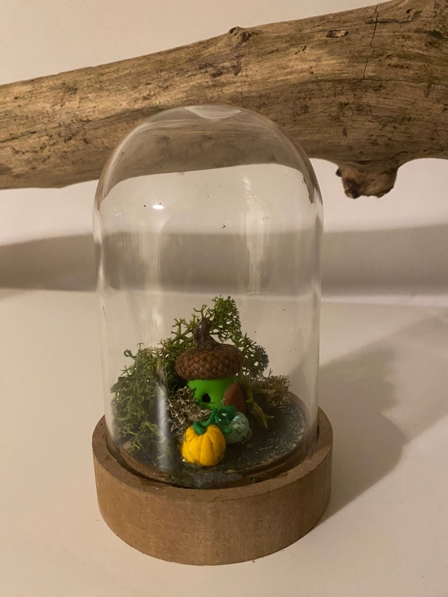 Mini bell jar with green acorn fairy house - Hello Pumpkin