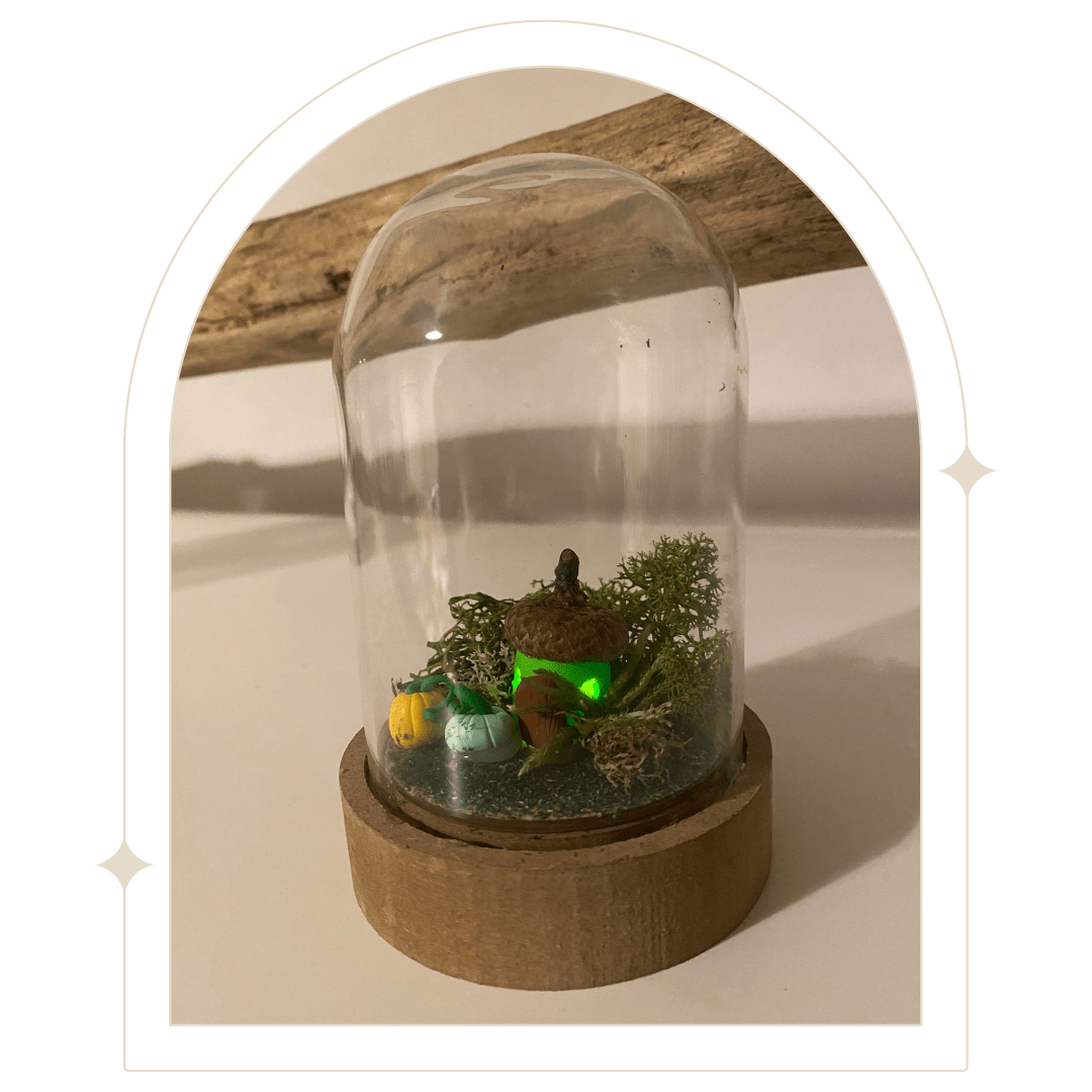 Mini bell jar with green acorn fairy house - Hello Pumpkin