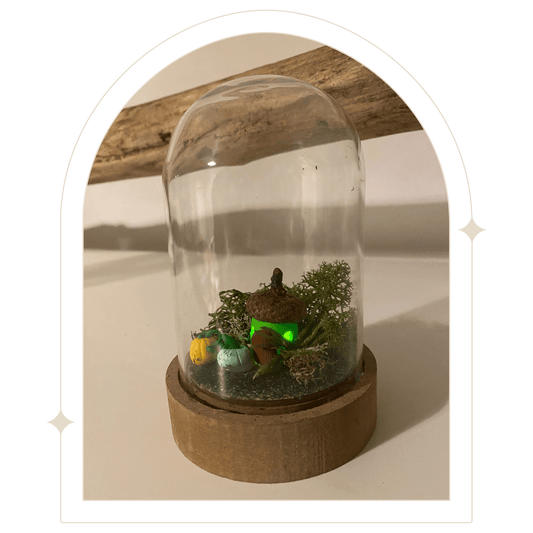 Mini bell jar with green acorn fairy house - Hello Pumpkin