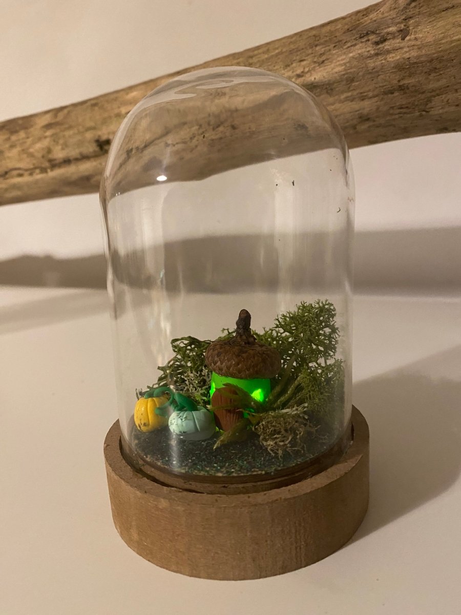 Mini bell jar with green acorn fairy house - Hello Pumpkin