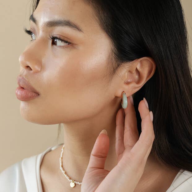 Mint Green Organic Resin Hoop Earrings in Gold - Hello Pumpkin