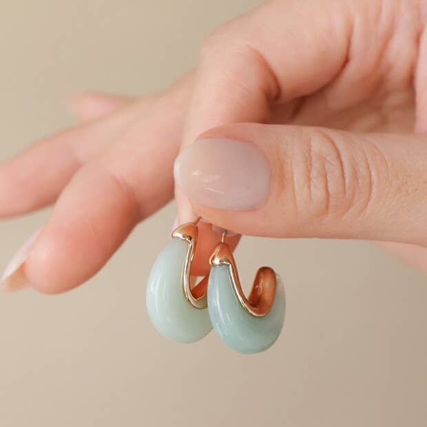 Mint Green Organic Resin Hoop Earrings in Gold - Hello Pumpkin