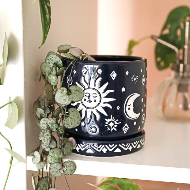 Navy blue celestial plant pot and saucer - Hello Pumpkin