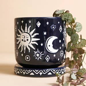 Navy blue celestial plant pot and saucer - Hello Pumpkin