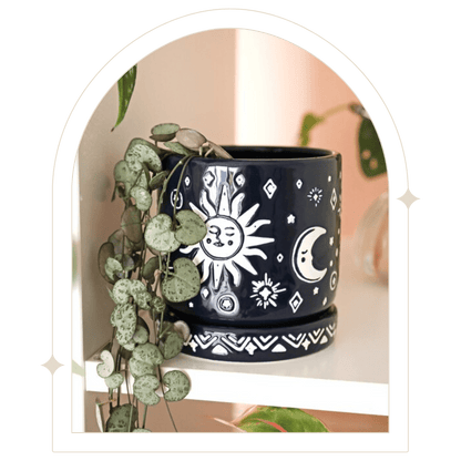 Navy blue celestial plant pot and saucer - Hello Pumpkin