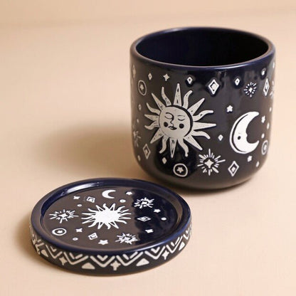 Navy blue celestial plant pot and saucer - Hello Pumpkin