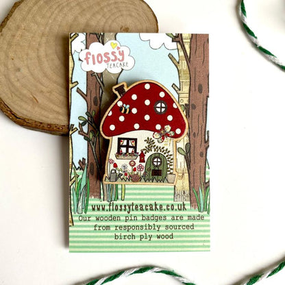 Toadstool House Wooden Pin Badge - Hello Pumpkin