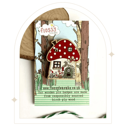 Toadstool House Wooden Pin Badge - Hello Pumpkin