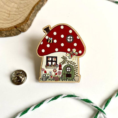 Toadstool House Wooden Pin Badge - Hello Pumpkin