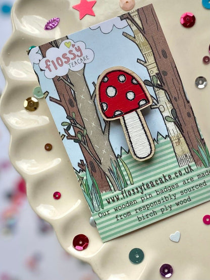 Toadstool Wooden Pin Badge - Hello Pumpkin